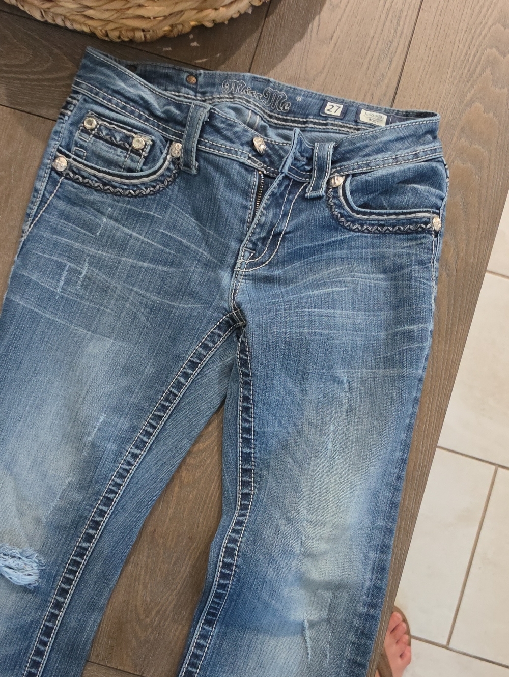Miss Me Women's Blue Boot Jeans with Braided Pocket Trim